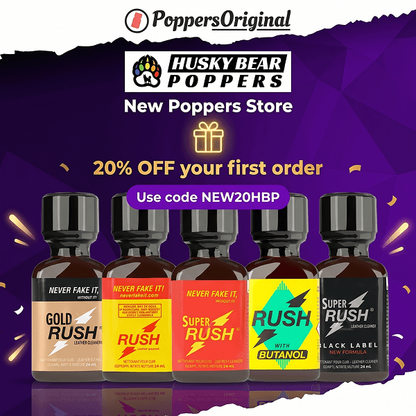 Banner-style promotional graphic for Husky Bear Poppers on a purple background. The image features the “Poppers-Original” logo at the top left, a large “HUSKY BEAR POPPERS” logo beneath it, and text reading “New Poppers Store,” “20% OFF your first order,” and “Use code NEW20HBP.” On the right side are five small brown bottles with black caps labeled with different “Rush” variants, surrounded by confetti and celebratory light accents.